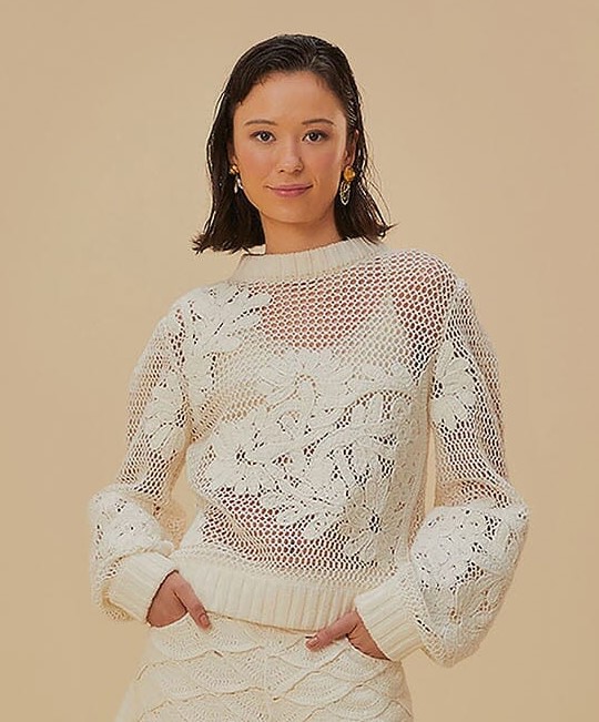 Farm Rio White Embroidered Knit Sweater