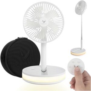 VENTY Portable Fan – Wireless Battery Operated Fan, 48HR Run Time 16000MAH Battery, Oscillating Rechargeable Fan, Remote Control & LED Lighting, Folding Telescopic Camping Fan (White with Case)