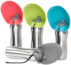 Messy Mutts Stainless Steel Travel Water Bottle with Silicone Flip Up Bowl | Pet Travel Necessity | Camping, Hiking, Walking Accessory | 24 oz / 700mL