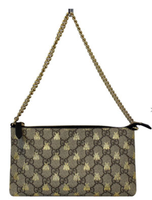 GUCCI Linea Bee GG Supreme Wristlet Handbag Beige/Gold